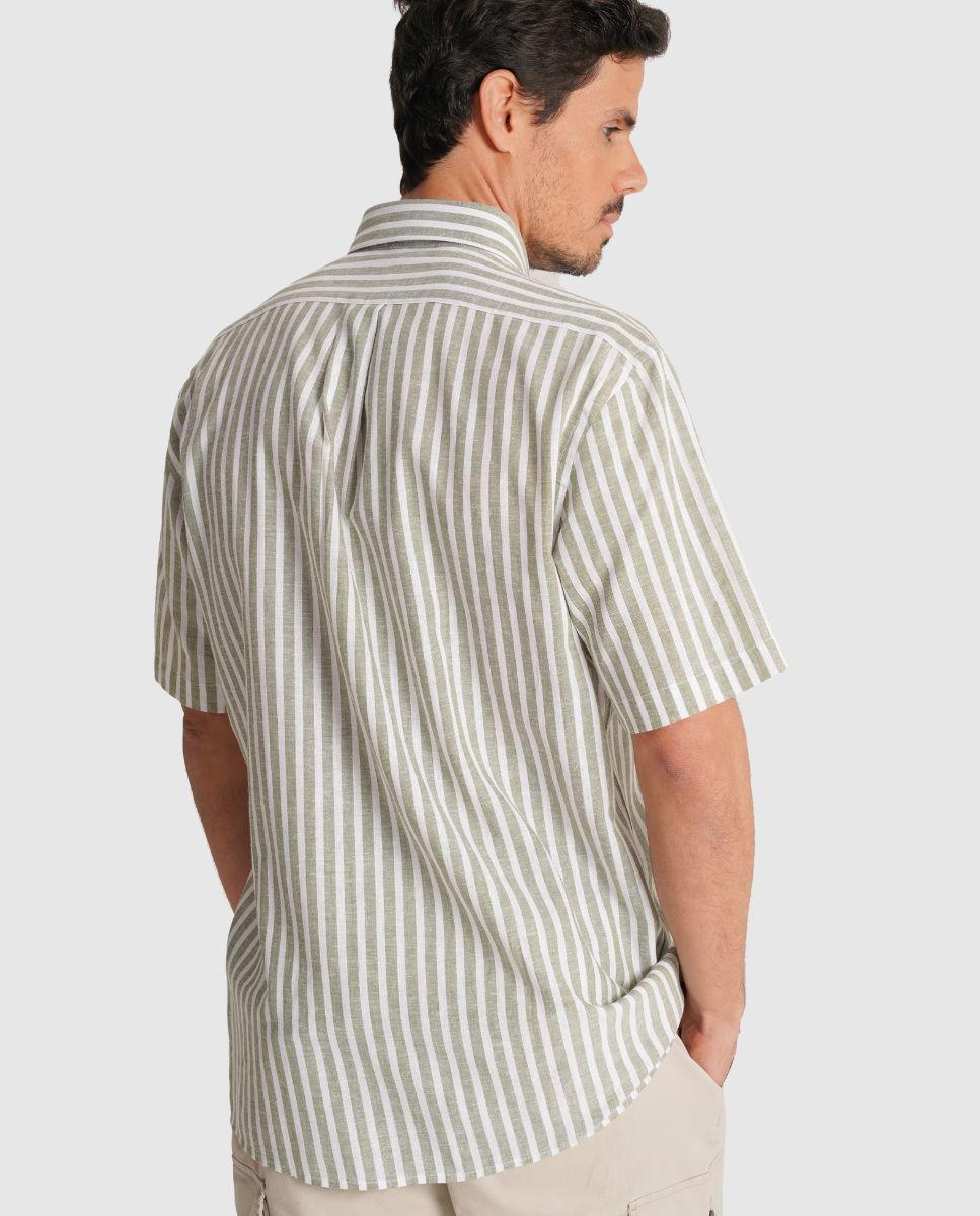 Camisa de Linho Às Riscas com Corte Regular Verde-2