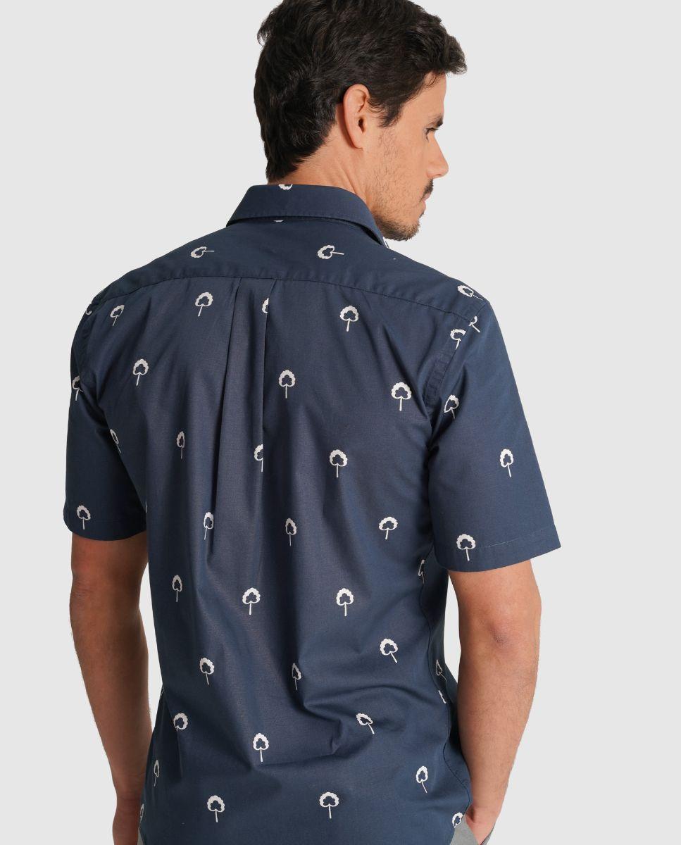 Camisa de Linho com Corte Regular Estampado Azul-2