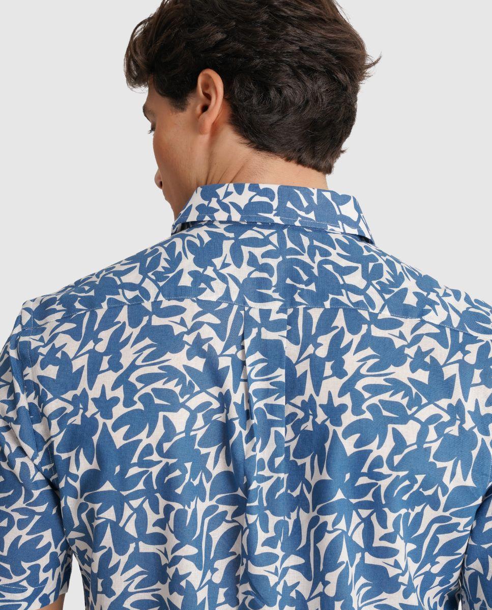 Camisa de Linho com Corte Regular Azul-2