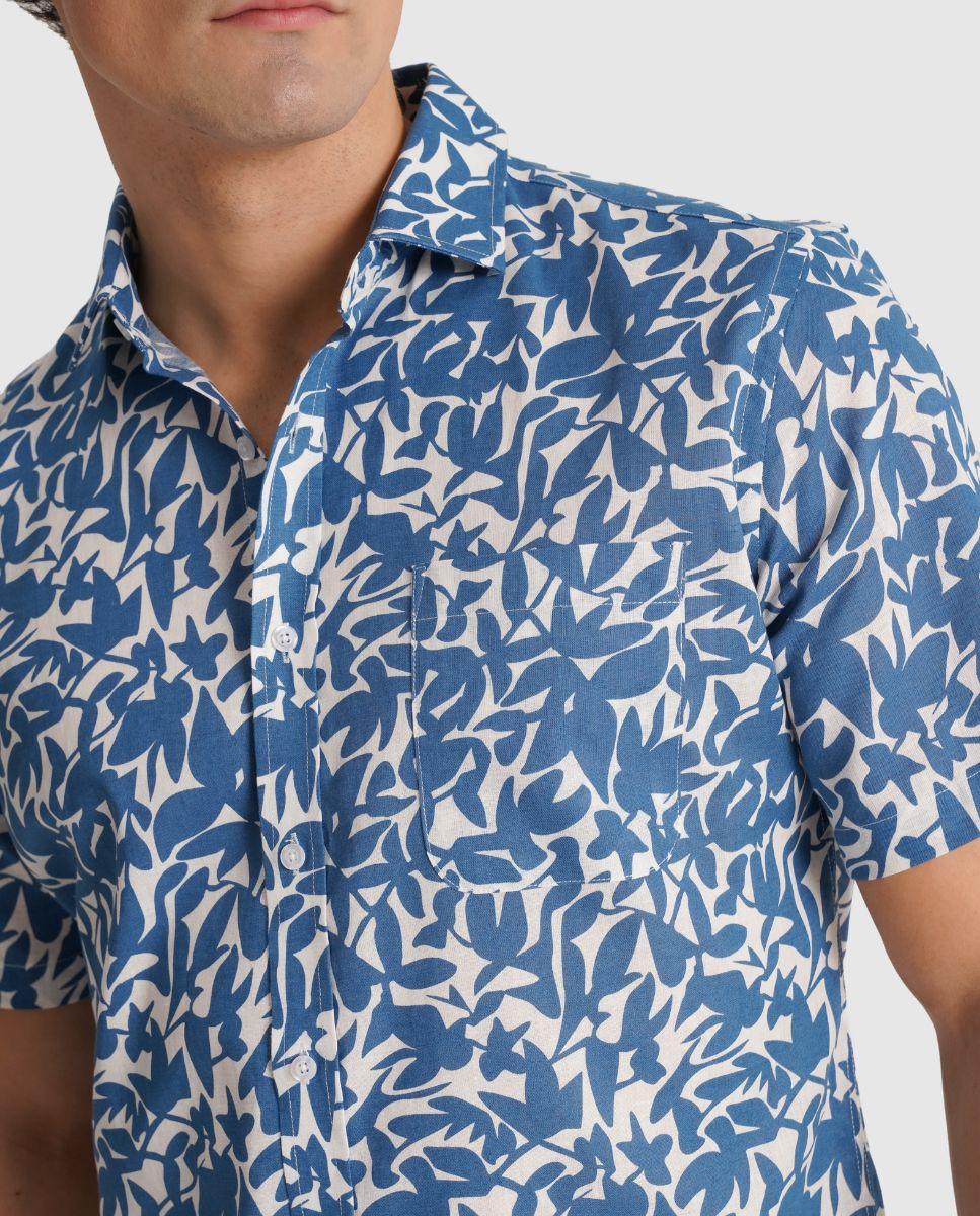 Camisa de Linho com Corte Regular Azul-3