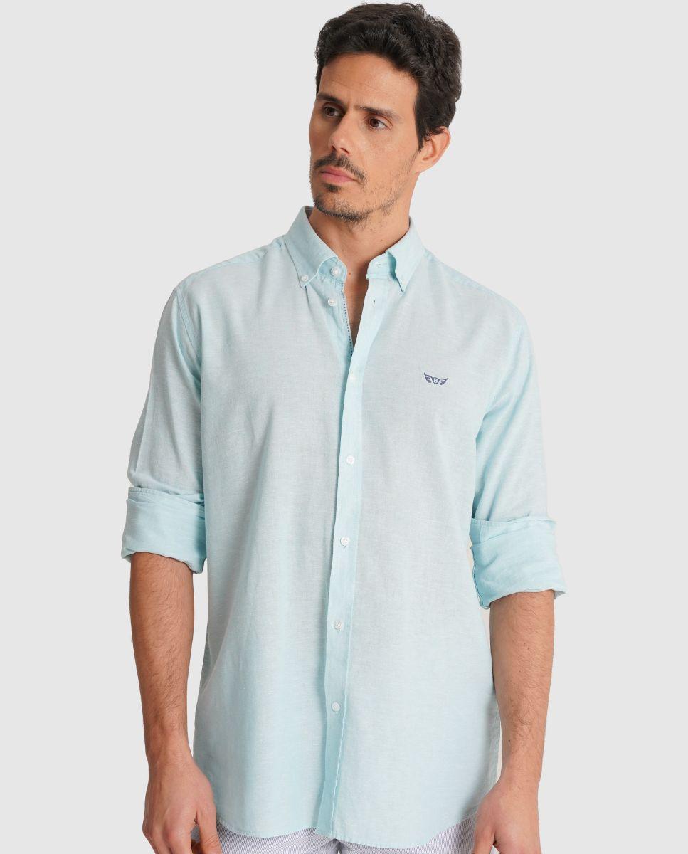 Camisa com Linho e Corte Regular Azul-1