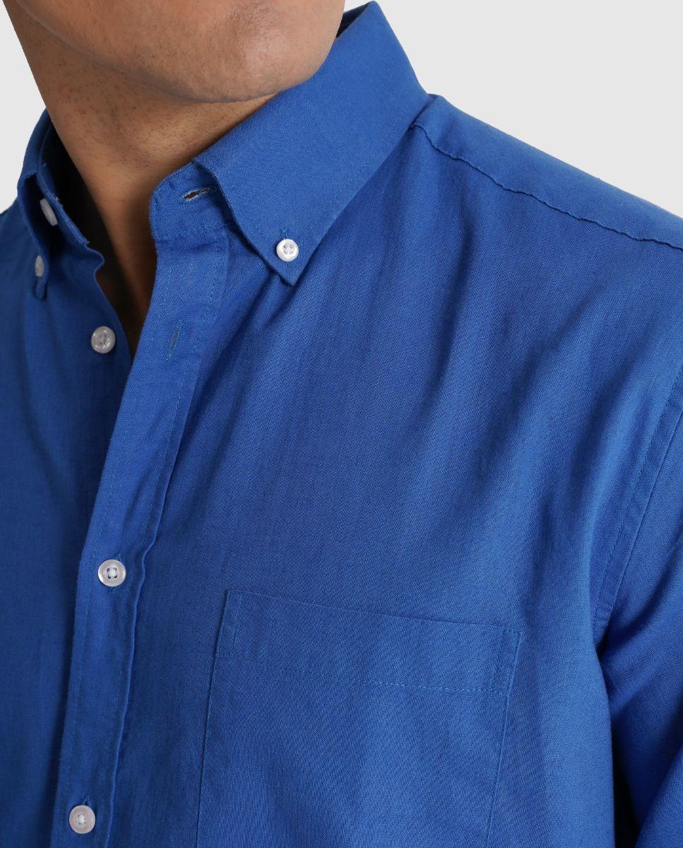 Camisa com Linho e Corte Regular Azul-3