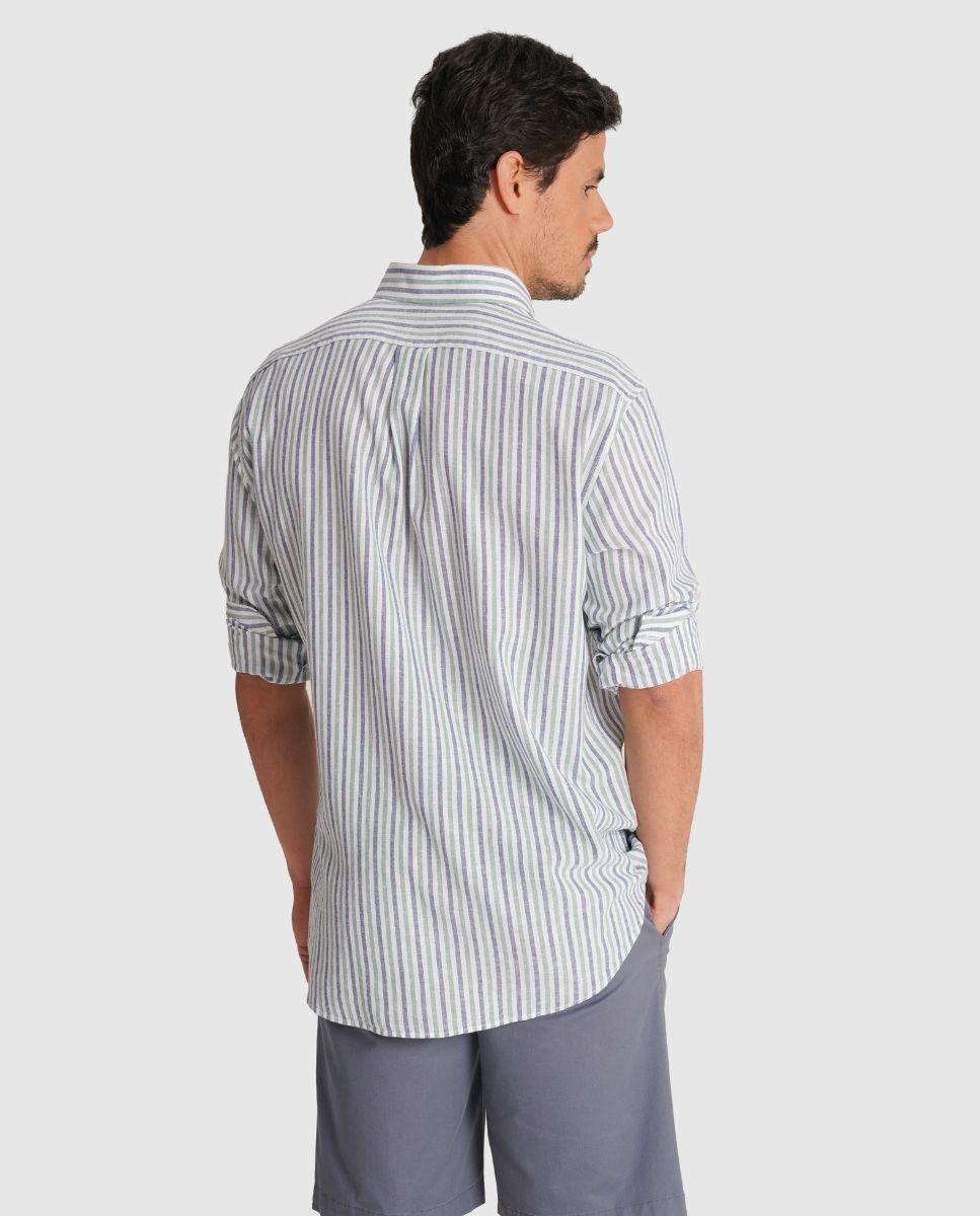 Camisa de Linho Às Riscas com Corte Regular Verde-2