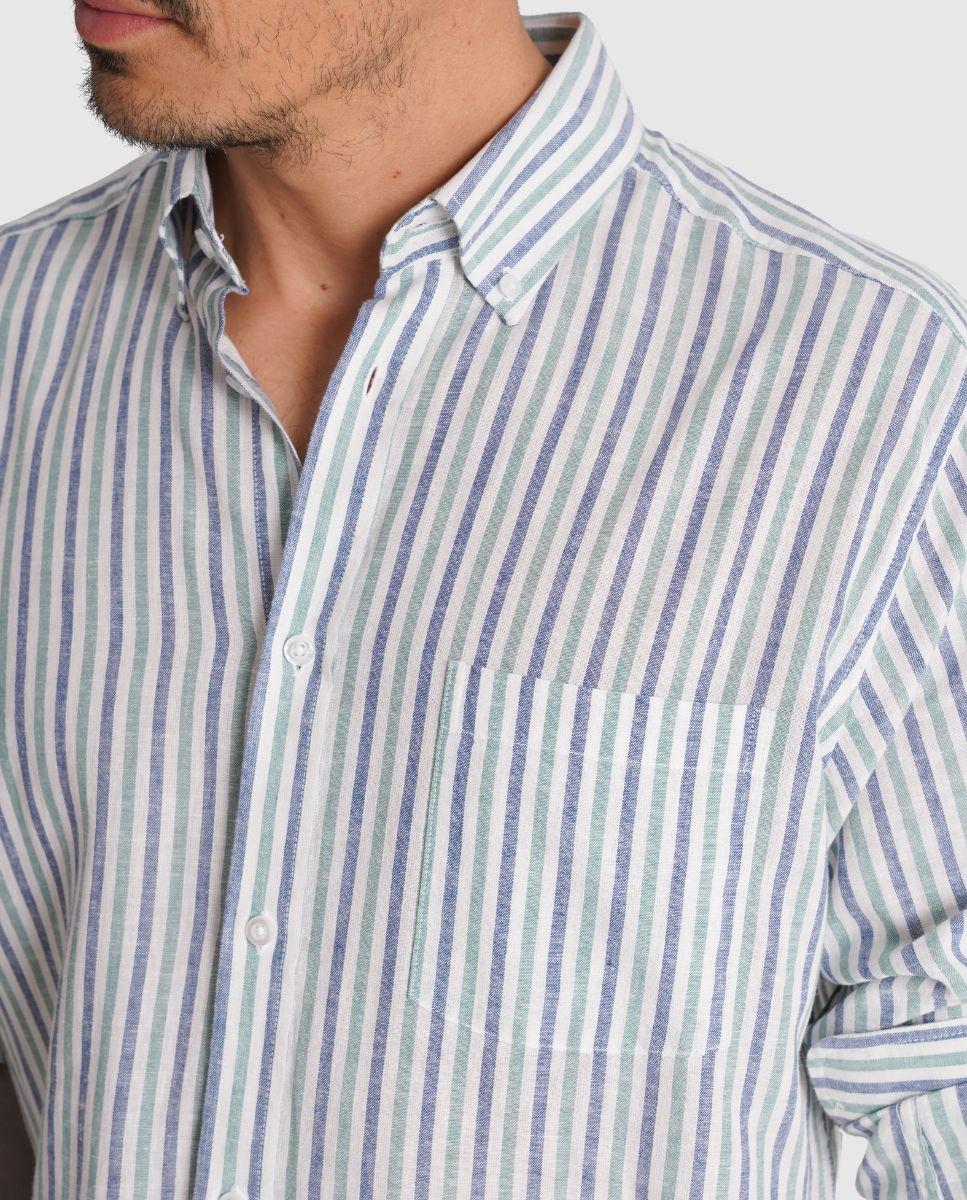Camisa de Linho Às Riscas com Corte Regular Verde-3