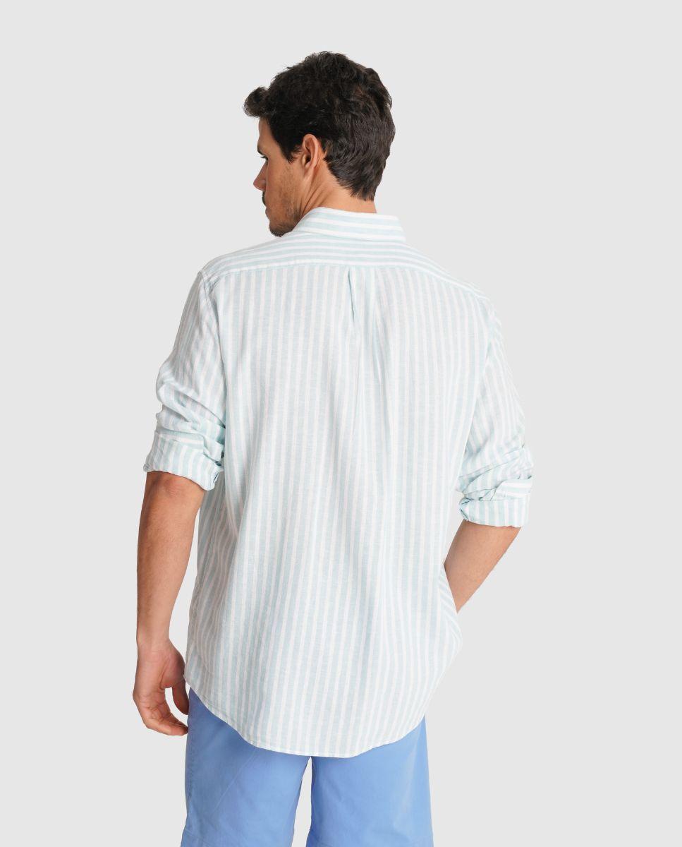 Camisa de Linho Às Riscas com Corte Regular Azul-2