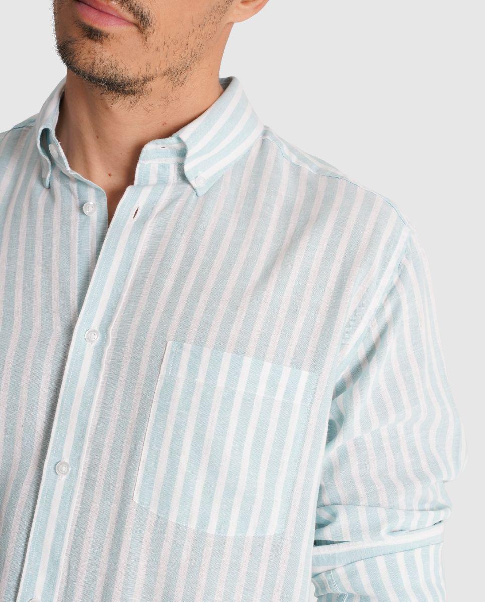 Camisa de Linho Às Riscas com Corte Regular Azul-3