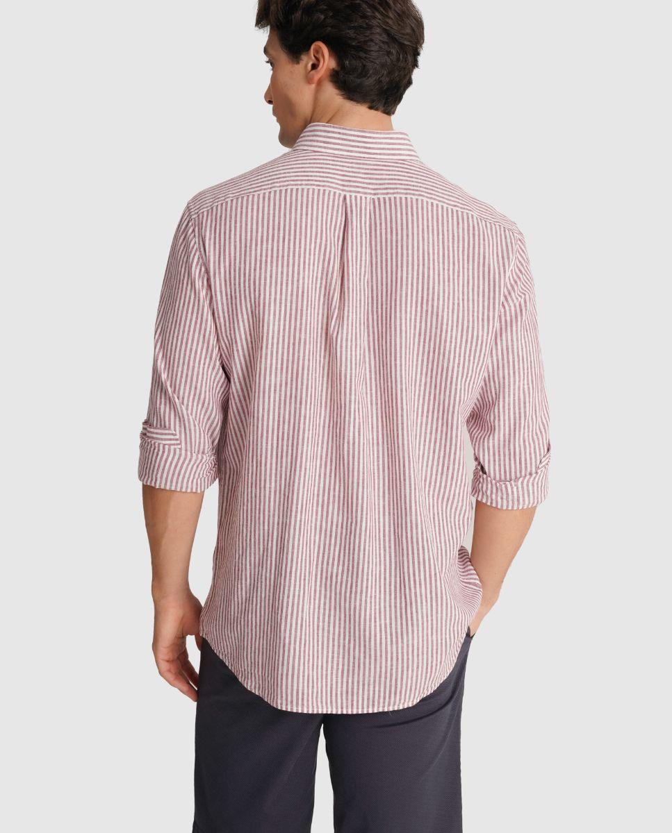 Camisa de Linho Às Riscas com Corte Regular Vermelho-2