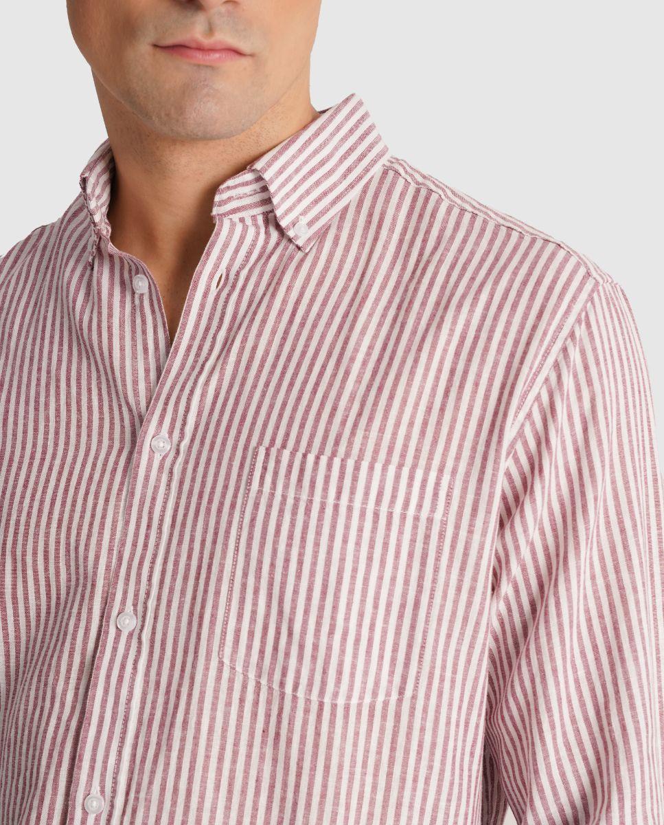 Camisa de Linho Às Riscas com Corte Regular Vermelho-3