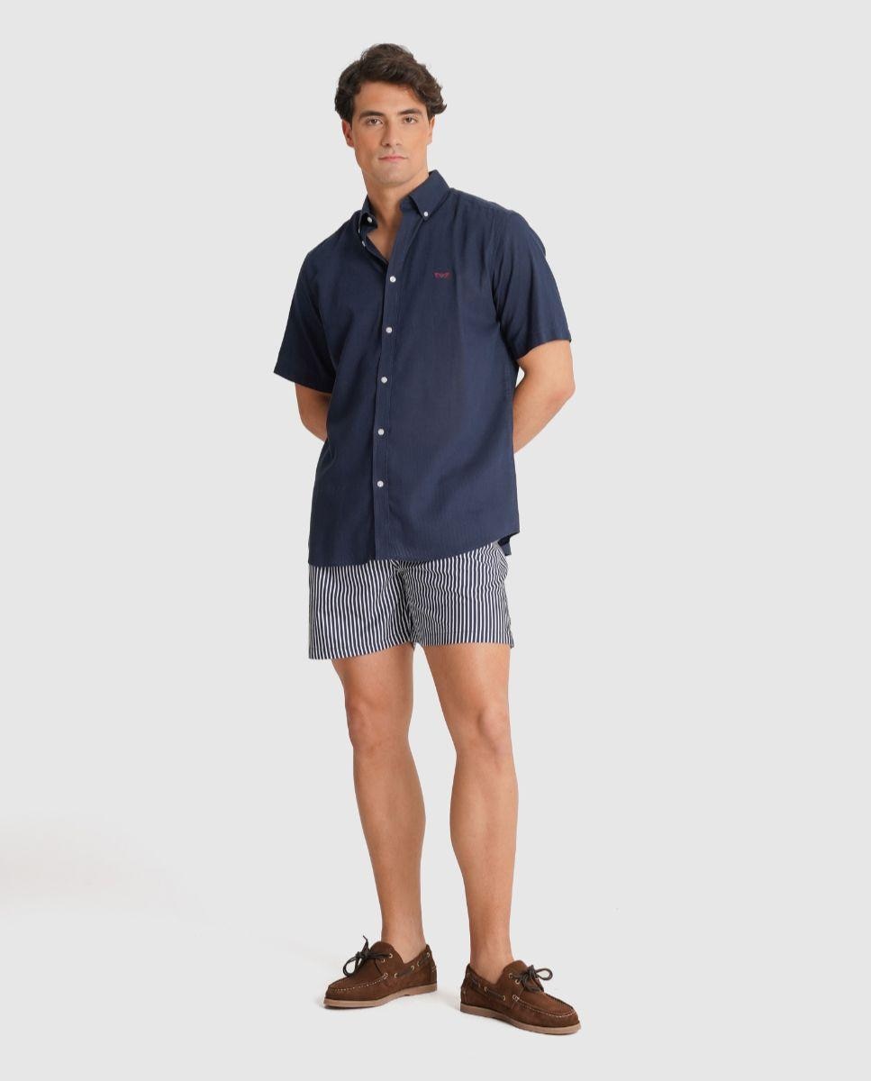 Camisa com Linho e Corte Regular Azul-1