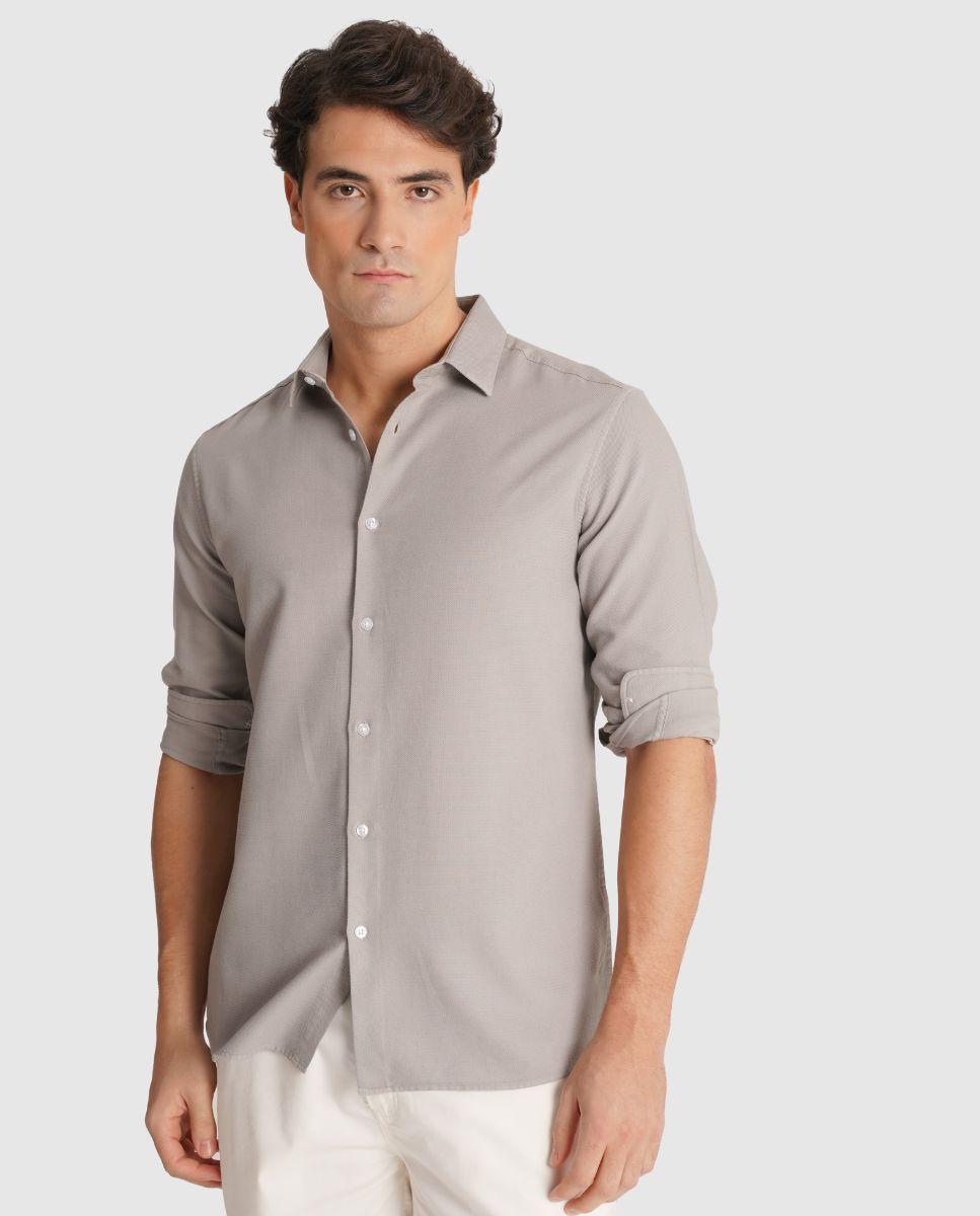 Camisa de Manga Comprida Ajustada Cinzento-1