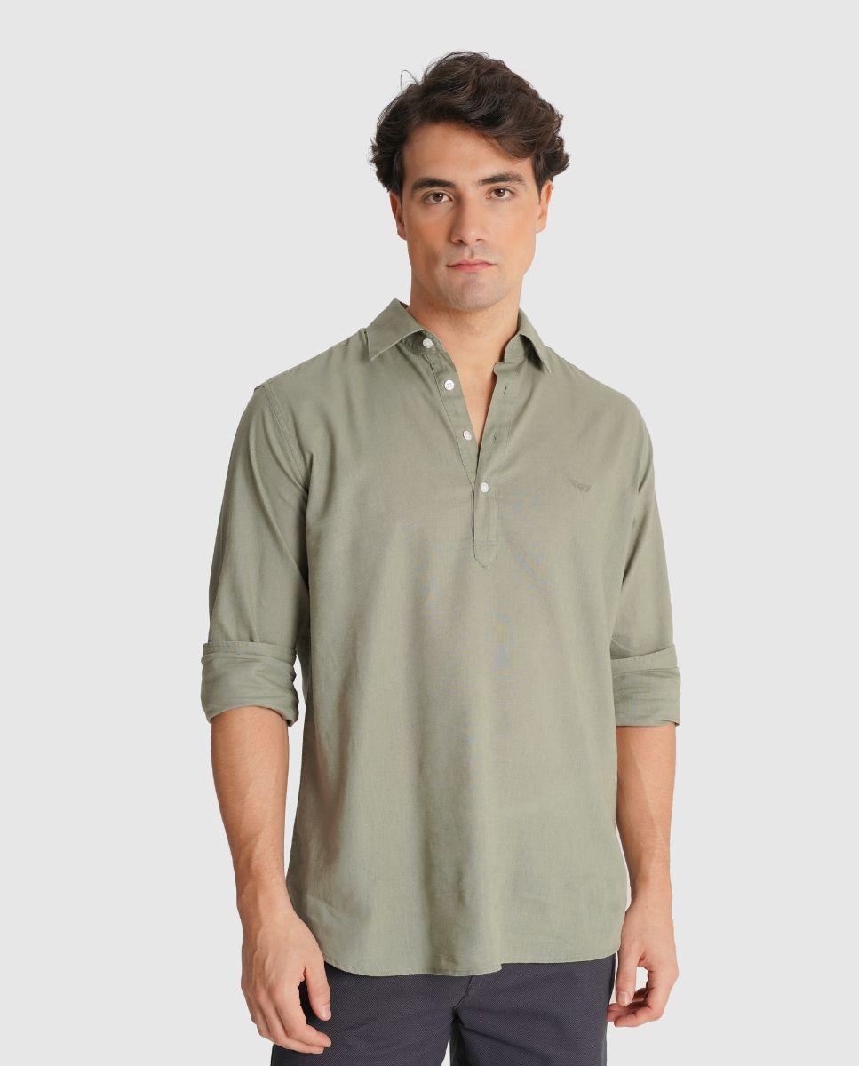 Camisa de Linho com Corte Regular Verde-1