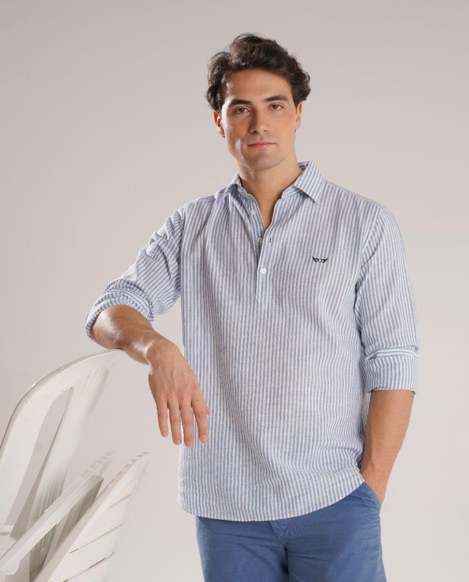 Camisa de Linho Às Riscas com Corte Regular Azul-1
