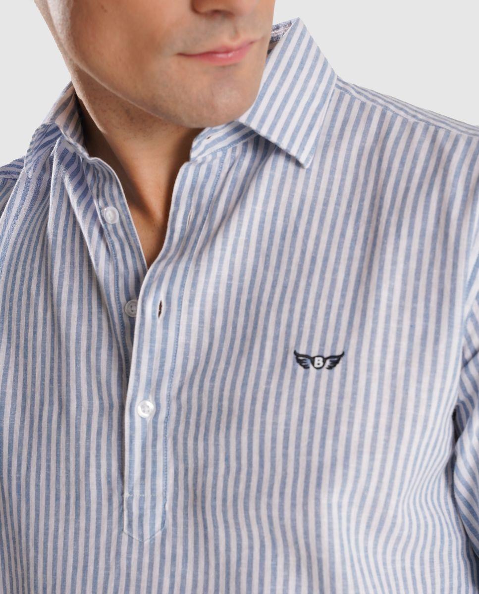 Camisa de Linho Às Riscas com Corte Regular Azul-3