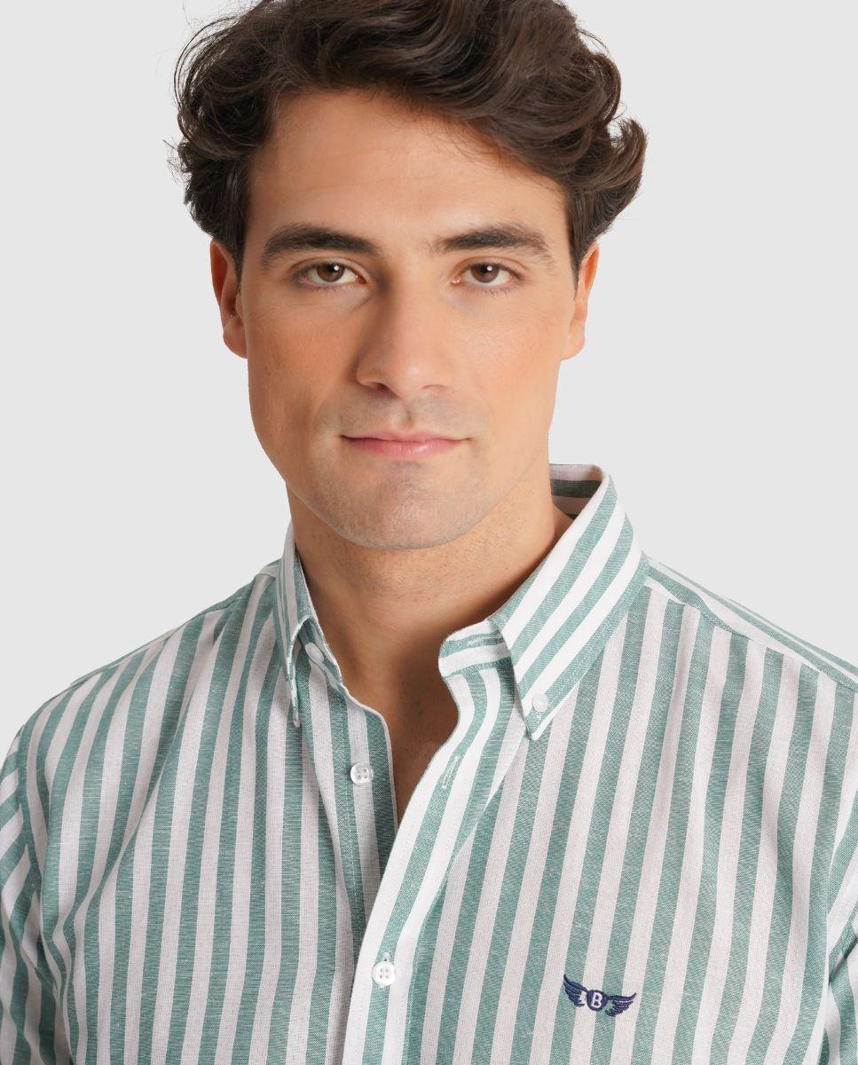 Camisa com Linho Às Riscas e Corte Regular Verde-3