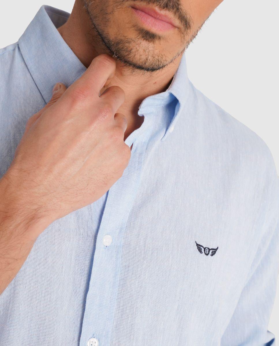Camisa com Linho e Corte Regular Azul-celeste-3