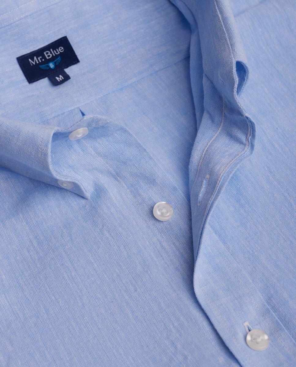 Camisa com Linho e Corte Regular Azul-celeste-5