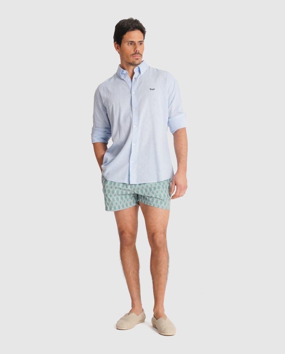 Camisa com Linho e Corte Regular Azul-celeste-1