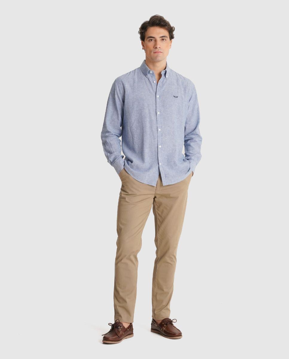 Camisa com Linho e Corte Regular Azul-1