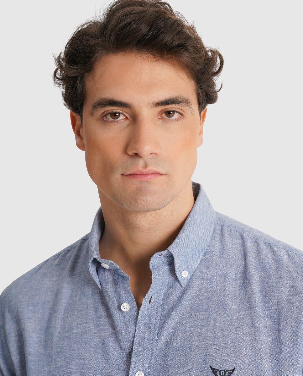 Camisa com Linho e Corte Regular Azul-3