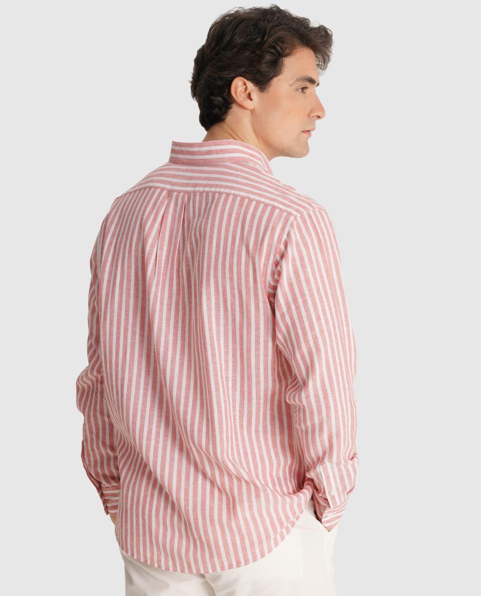 Camisa de Linho Às Riscas com Corte Regular Vermelho-2