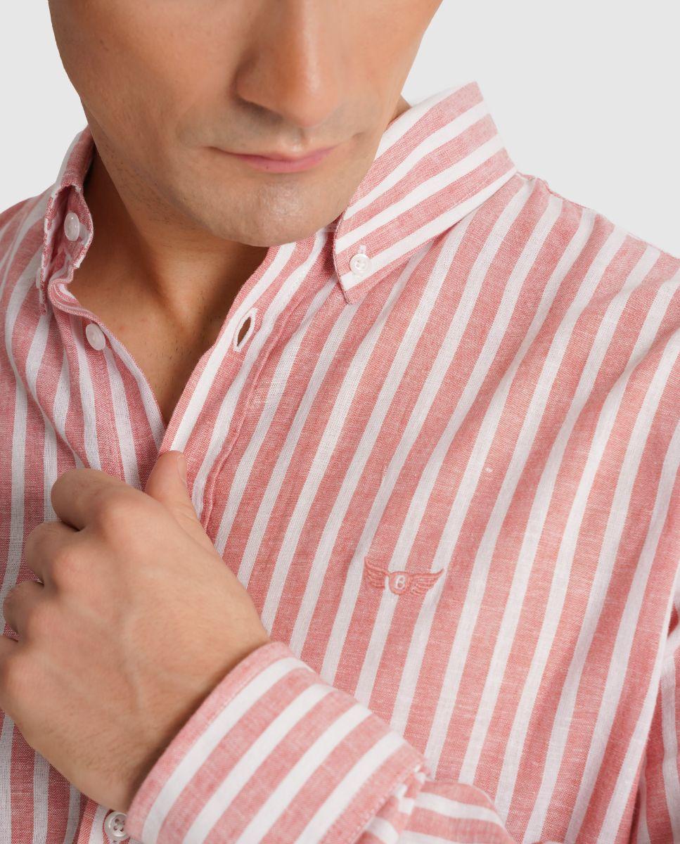 Camisa de Linho Às Riscas com Corte Regular Vermelho-3