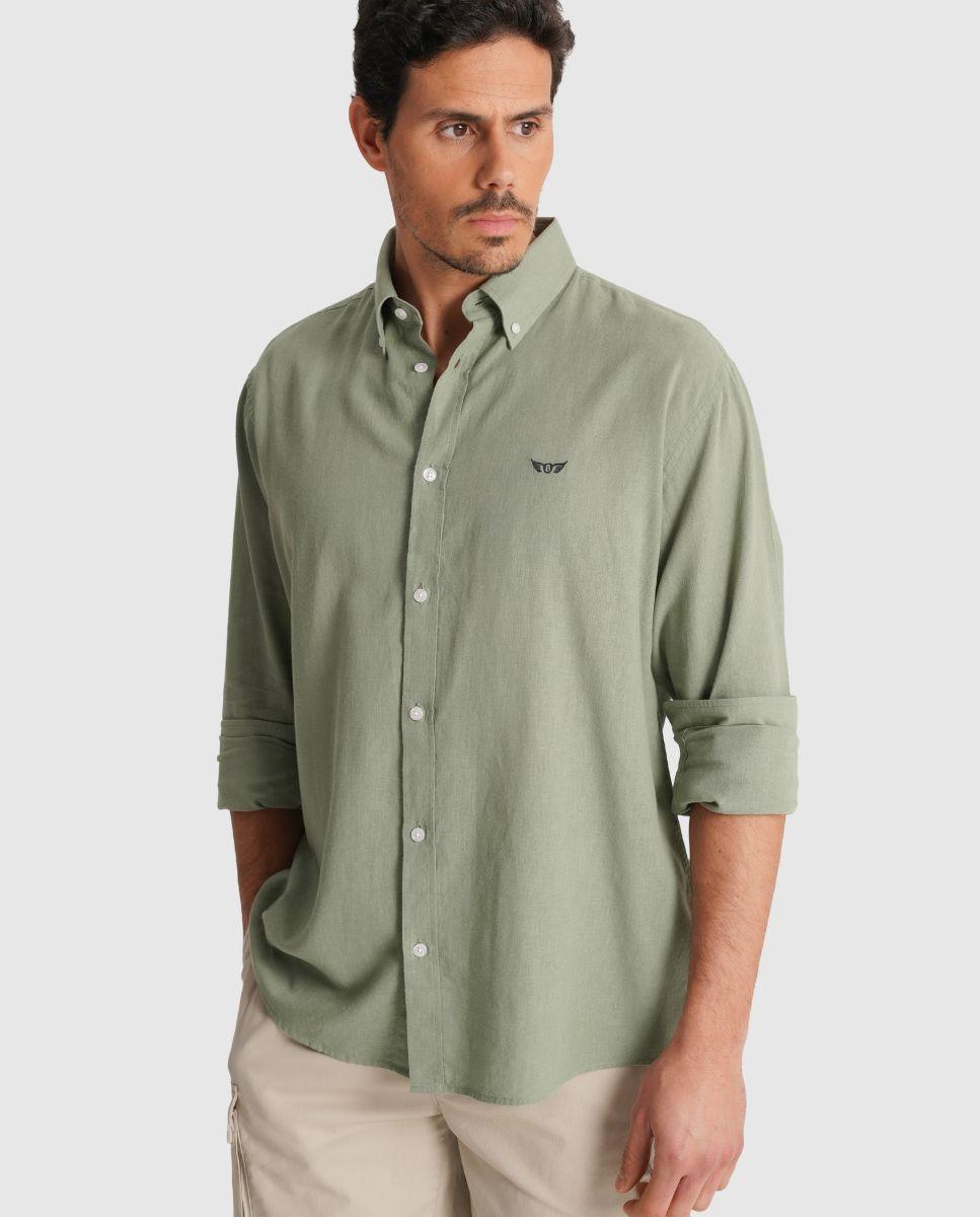 Camisa com Linho e Corte Regular Verde-1
