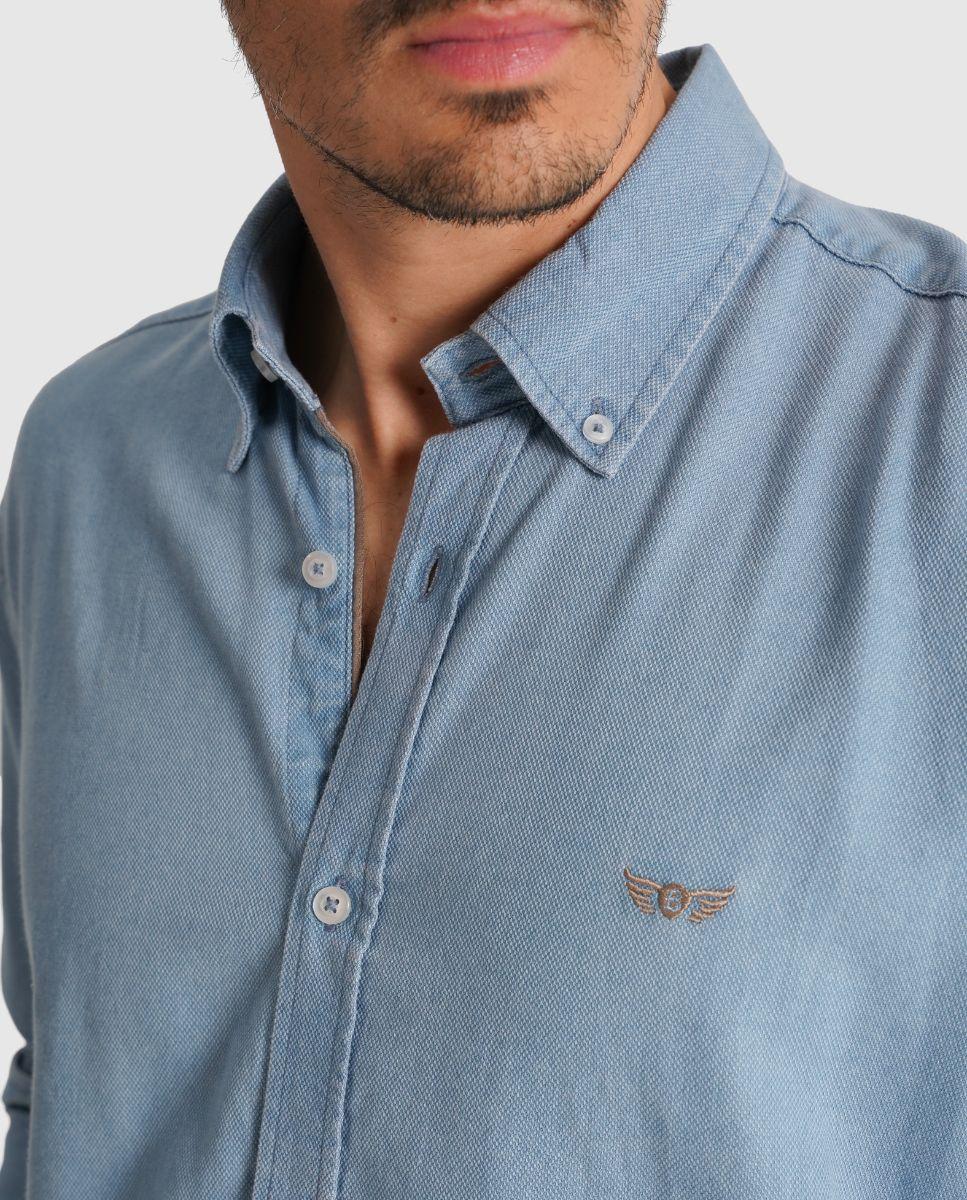Camisa de Manga Comprida com Corte Regular Azul-4