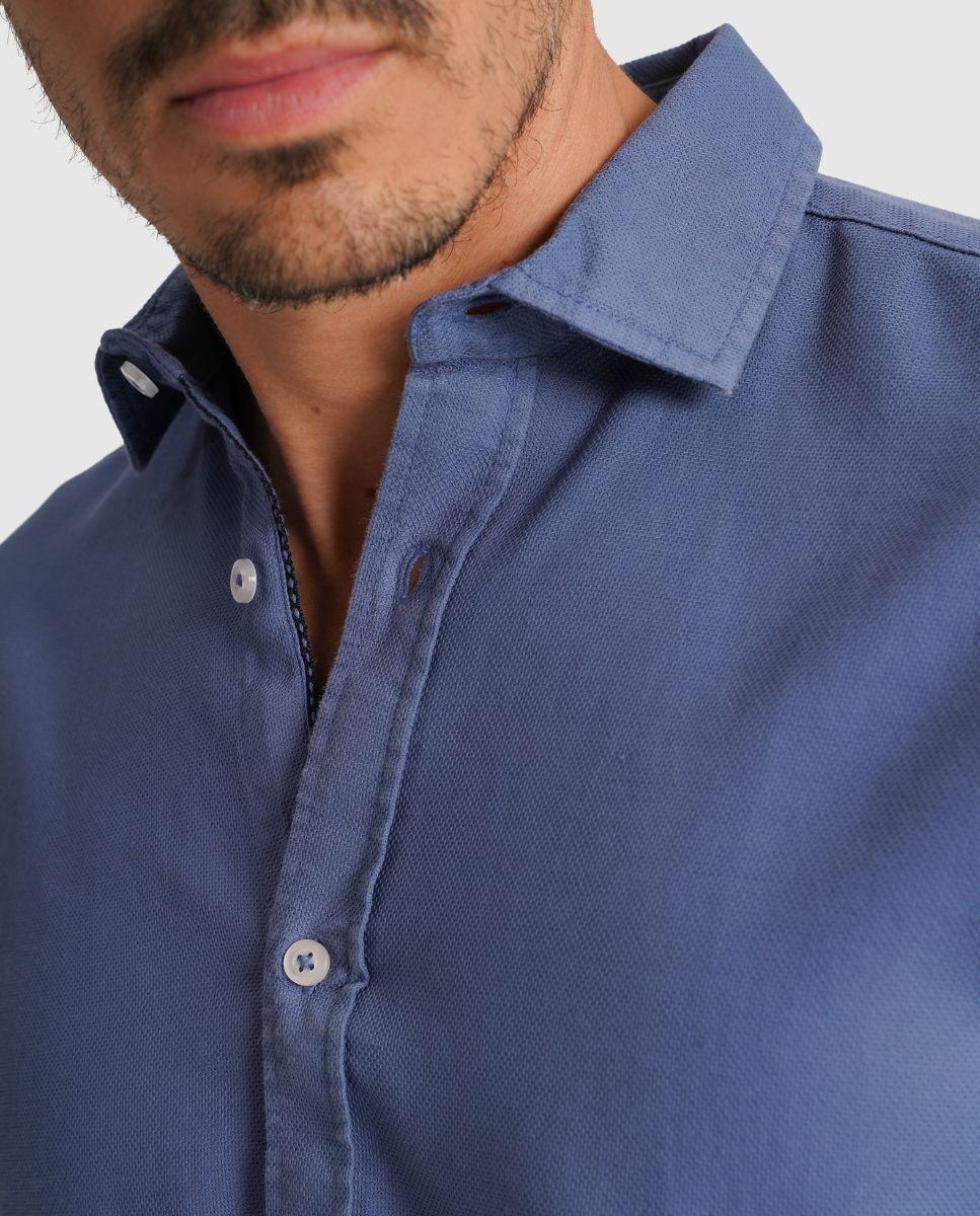 Camisa de Manga Comprida Ajustada Azul-3