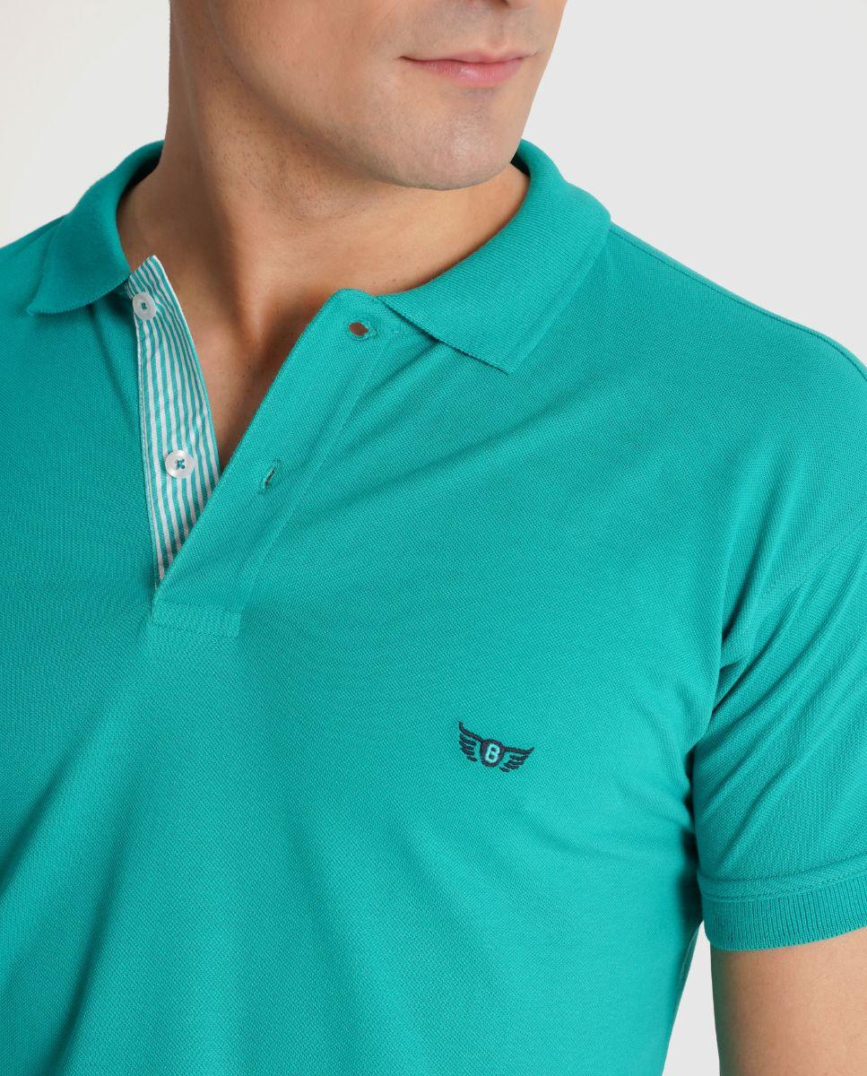 Polo de Manga Curta e Gola Tipo Camisa Azul-turquesa-3