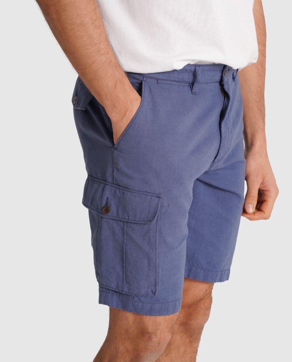Bermudas com Bolsos Cargo de Corte Regular Azul-3