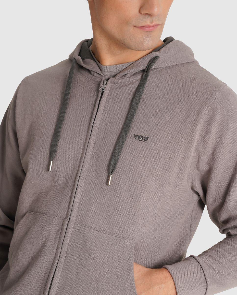 Sweatshirt com Capuz e Fecho Zip de Corte Regular Cinzento-3