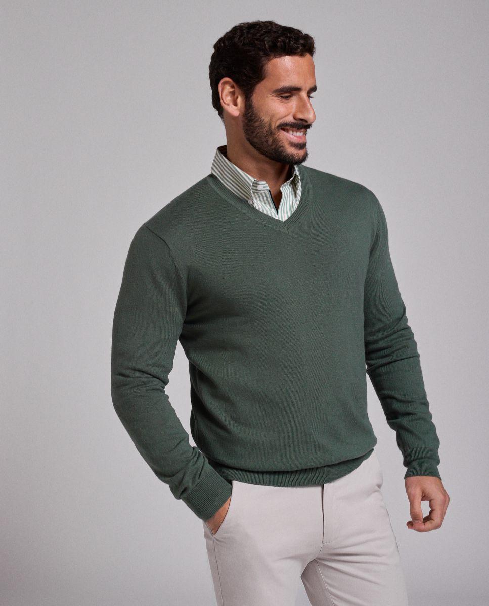 Camisola de Malha Fina e Gola em V de Corte Regular Verde-1