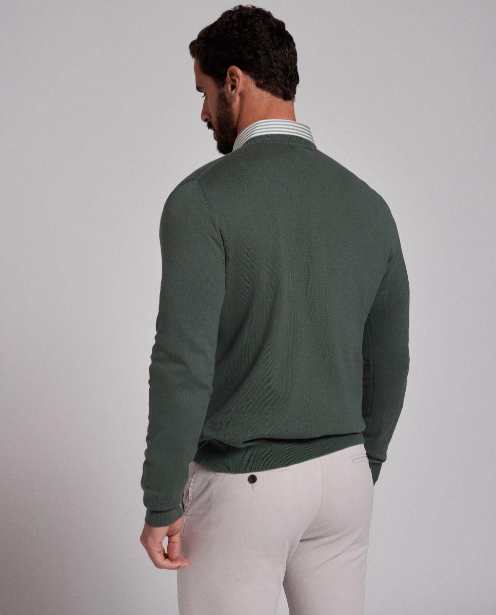 Camisola de Malha Fina e Gola em V de Corte Regular Verde-2