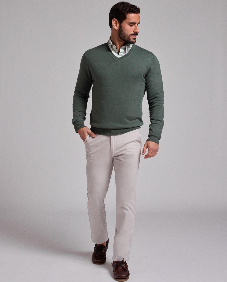 Camisola de Malha Fina e Gola em V de Corte Regular Verde-4