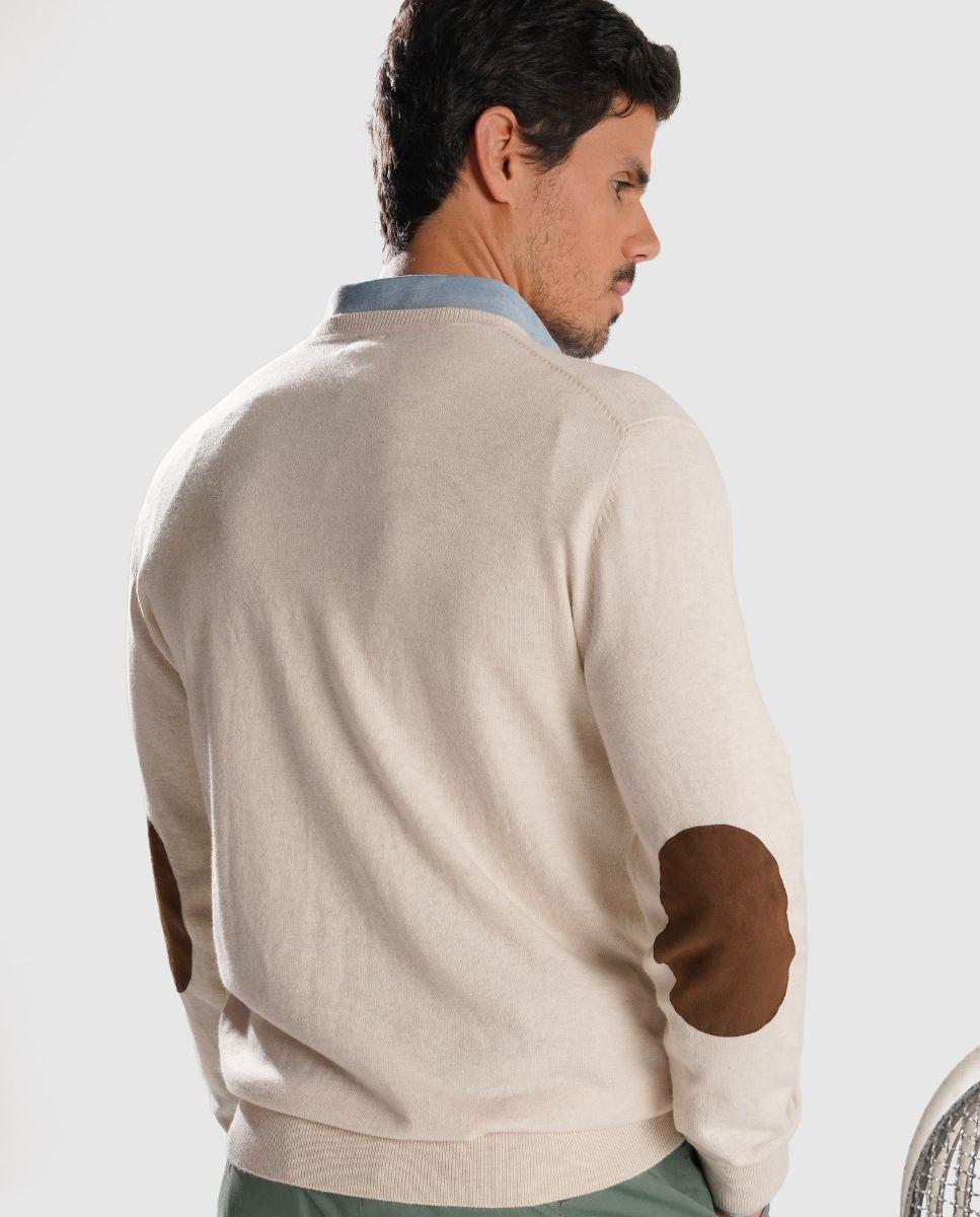 Camisola de Malha Fina e Gola em V com Cotoveleiras em Contraste e Corte Regular Bege-2