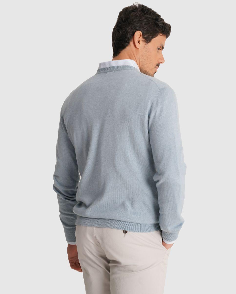 Camisola de Malha Fina e Gola em V de Corte Regular Azul-2