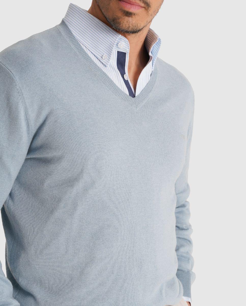 Camisola de Malha Fina e Gola em V de Corte Regular Azul-3