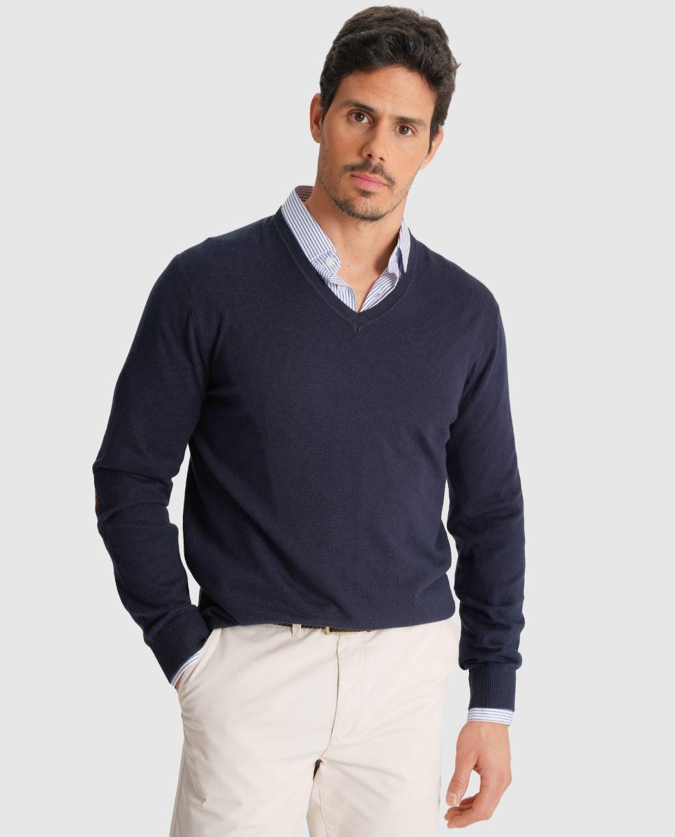 Imagem 0 de Camisola de Malha Fina e Gola em V com Cotoveleiras em Contraste e Corte Regular