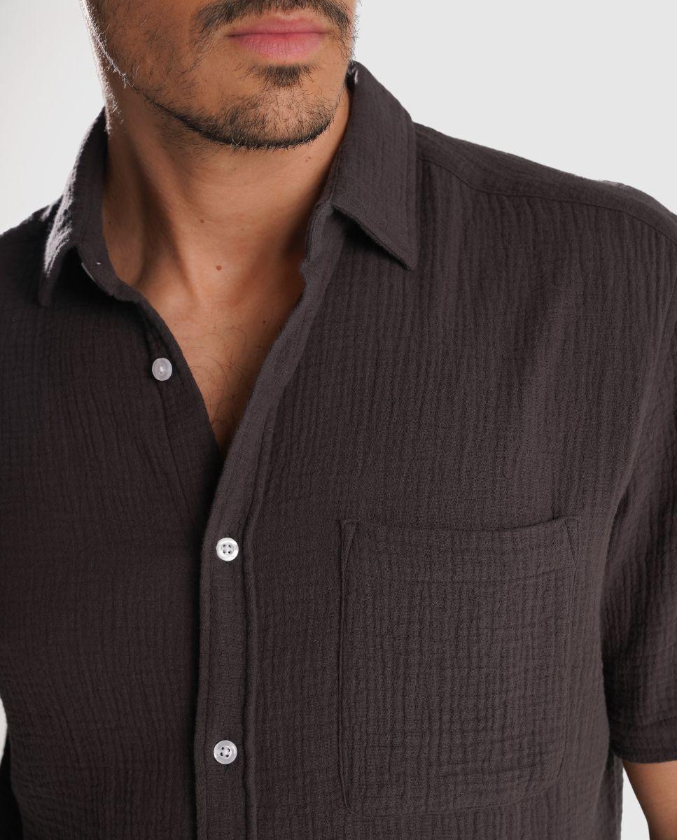 Camisa em Algodão 100% de Manga Curta Castanho-2