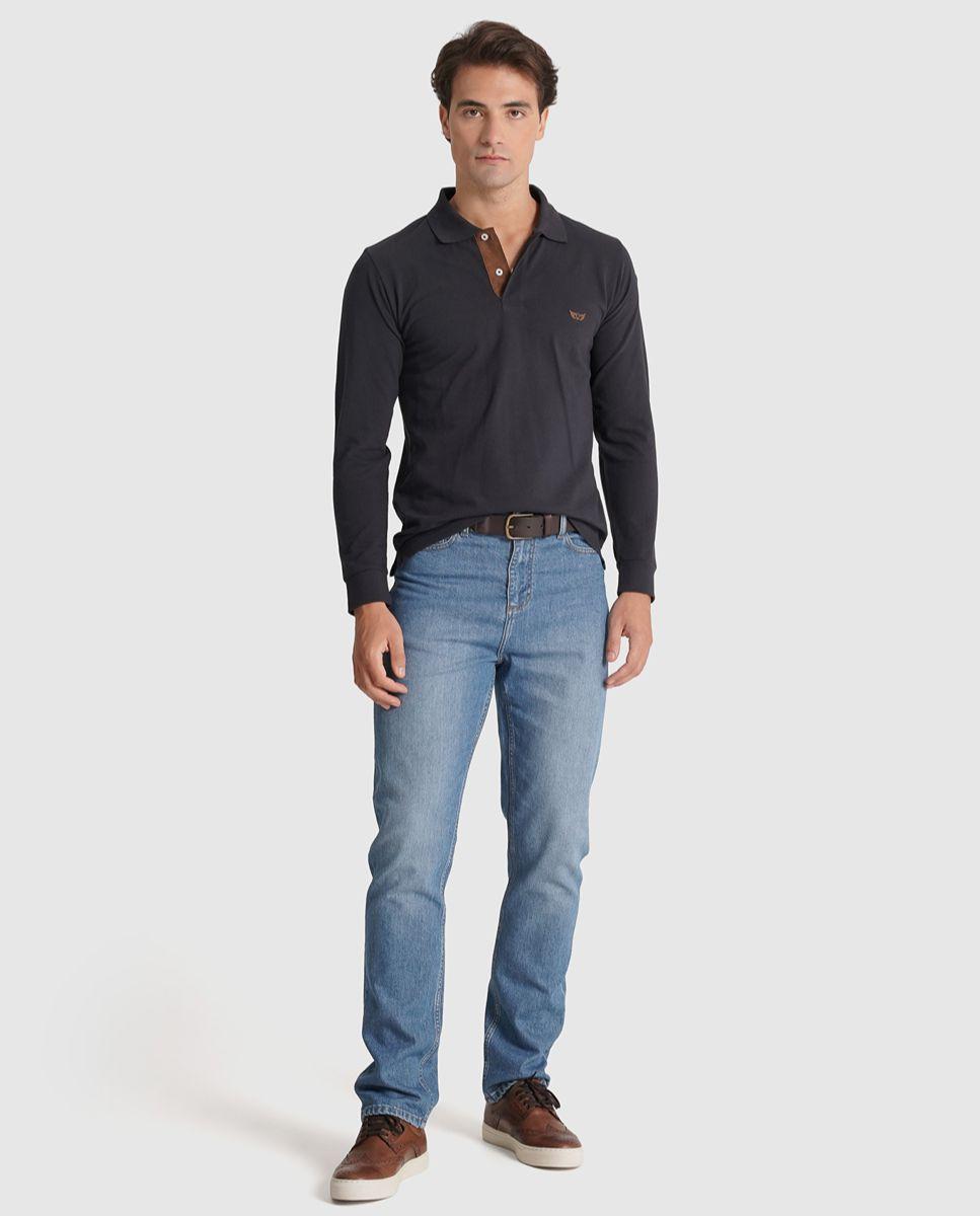 Polo manga comprida algodão regular fit azul liso Azul-2