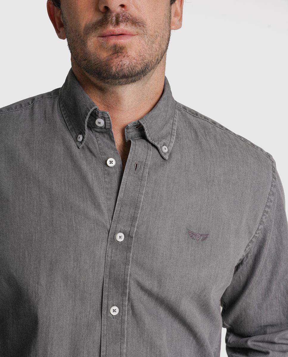 Camisa twill regular fit cinzenta lisa Cinzento-2