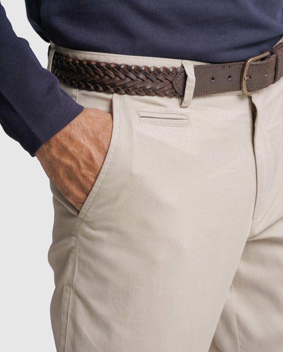 Calças chino algodão slim fit beges lisas Bege-2
