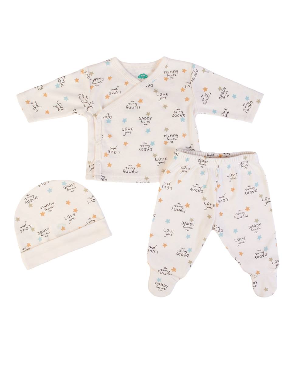 Imagem 0 de Conjunto de t-shirt de manga comprida traçada, calças e gorro em algodão