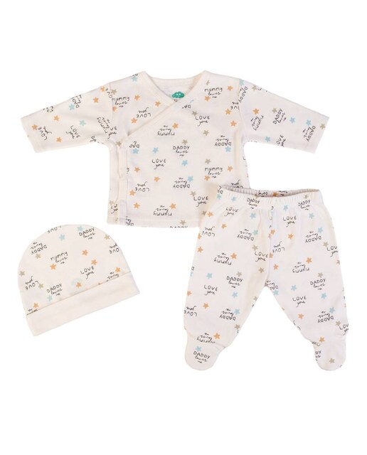 Imagem 0 de Conjunto de t-shirt de manga comprida traçada, calças e gorro em algodão