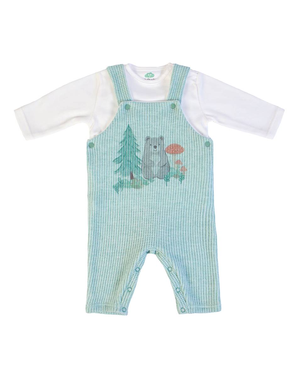 Conjunto de jardineira em malha e t-shirt de manga comprida em algodão FS Baby Verde-1
