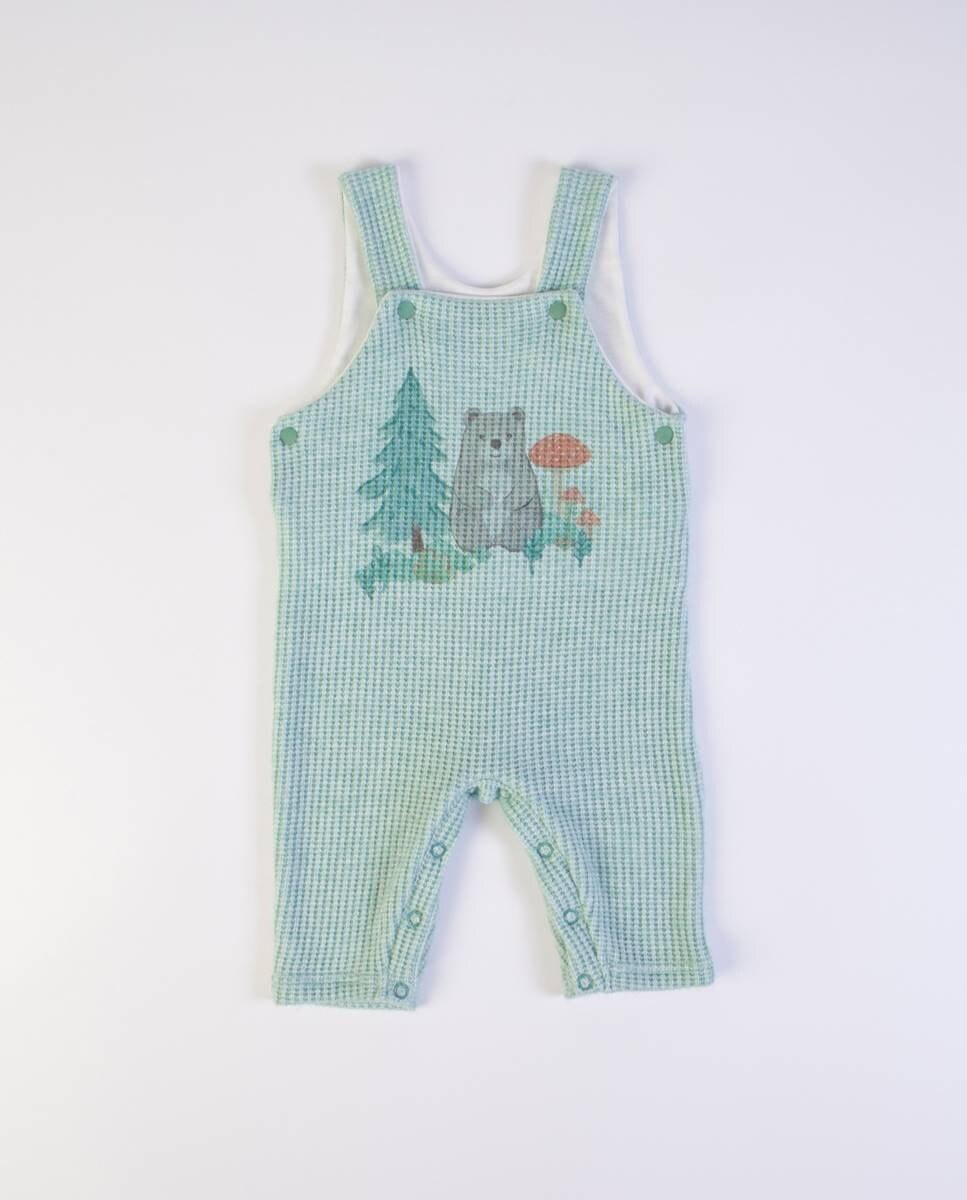 Conjunto de jardineira em malha e t-shirt de manga comprida em algodão FS Baby Verde-4