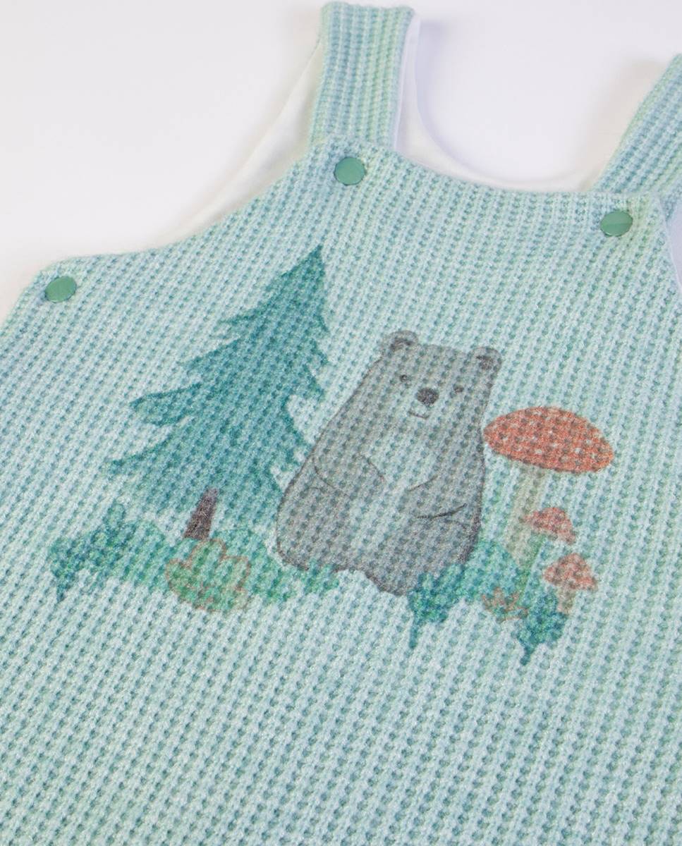 Conjunto de jardineira em malha e t-shirt de manga comprida em algodão FS Baby Verde-5