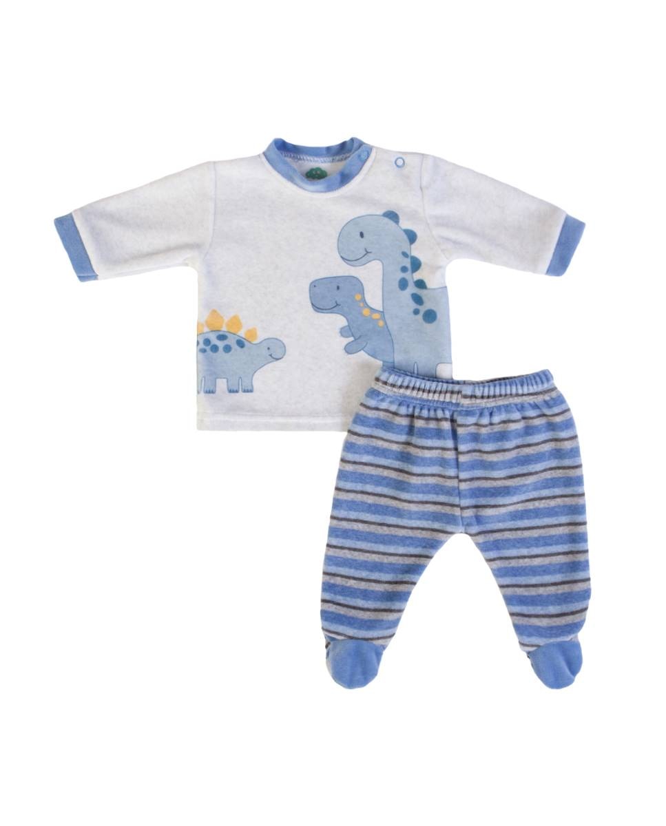 Conjunto de t-shirt de manga comprida e calças com pé em veludo FS Baby Azul-1