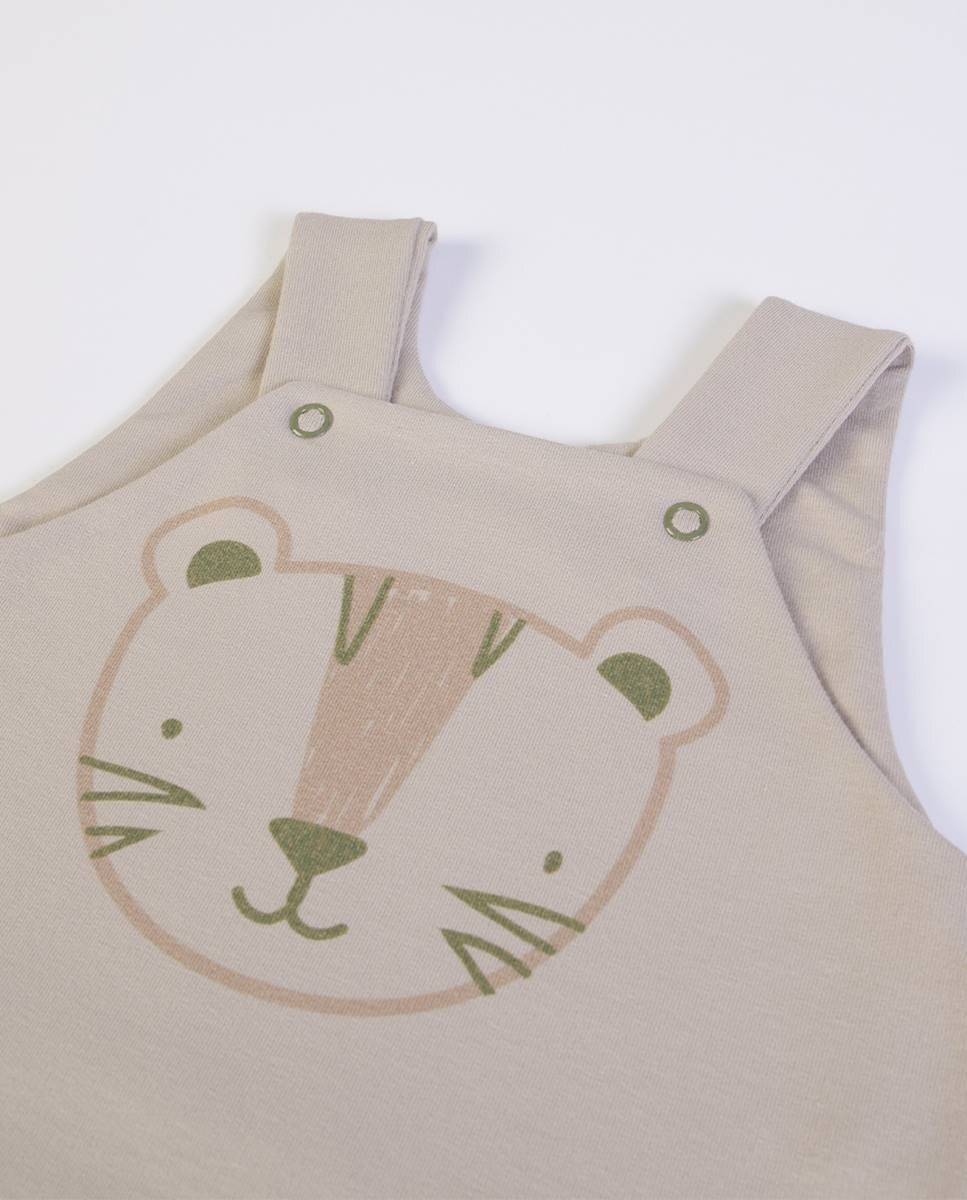 Conjunto de jardineira em felpa cardada e t-shirt de manga comprida em algodão FS Baby Taupe-5