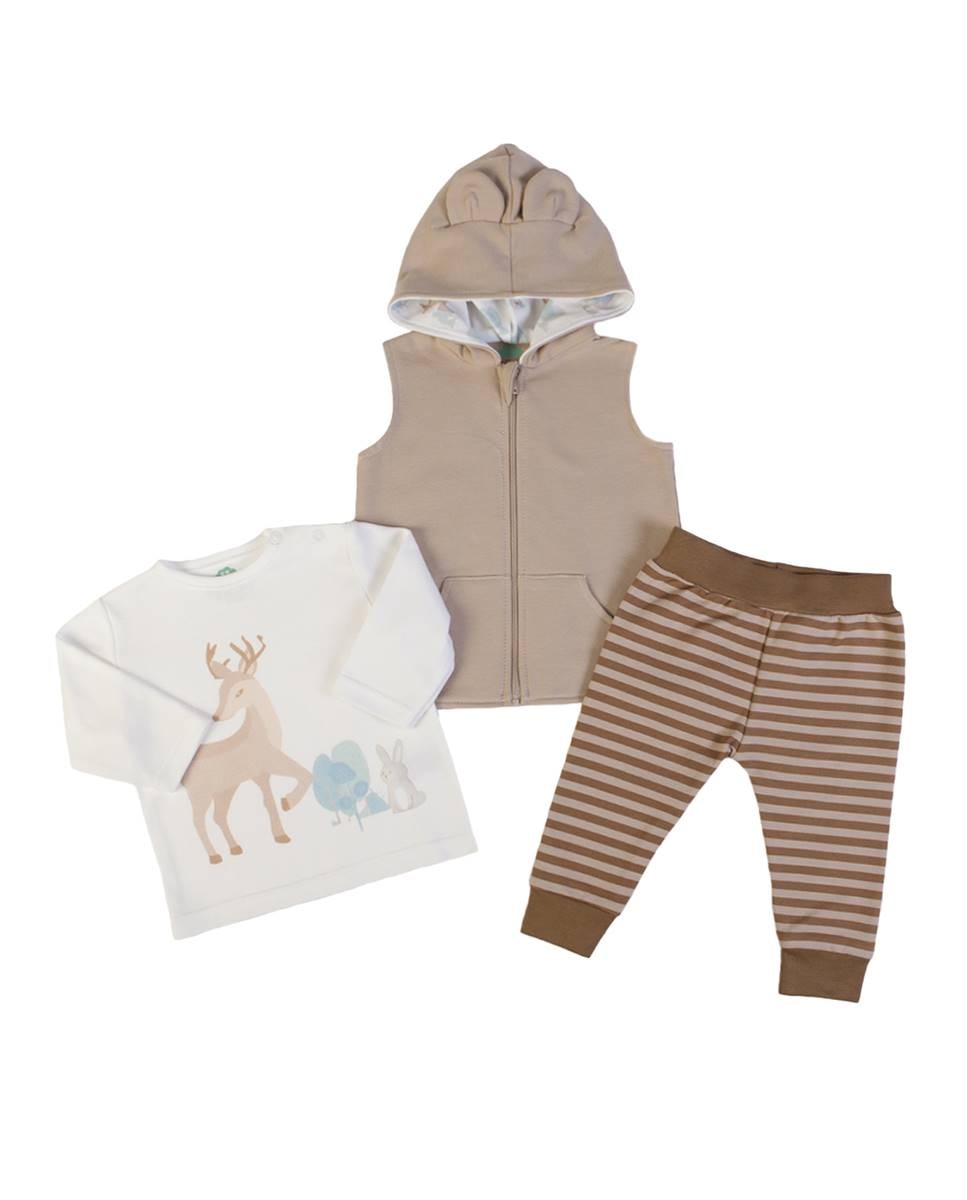 Imagem 0 de Conjunto de colete e calças em felpa cardada e t-shirt de manga comprida em algodão orgânico